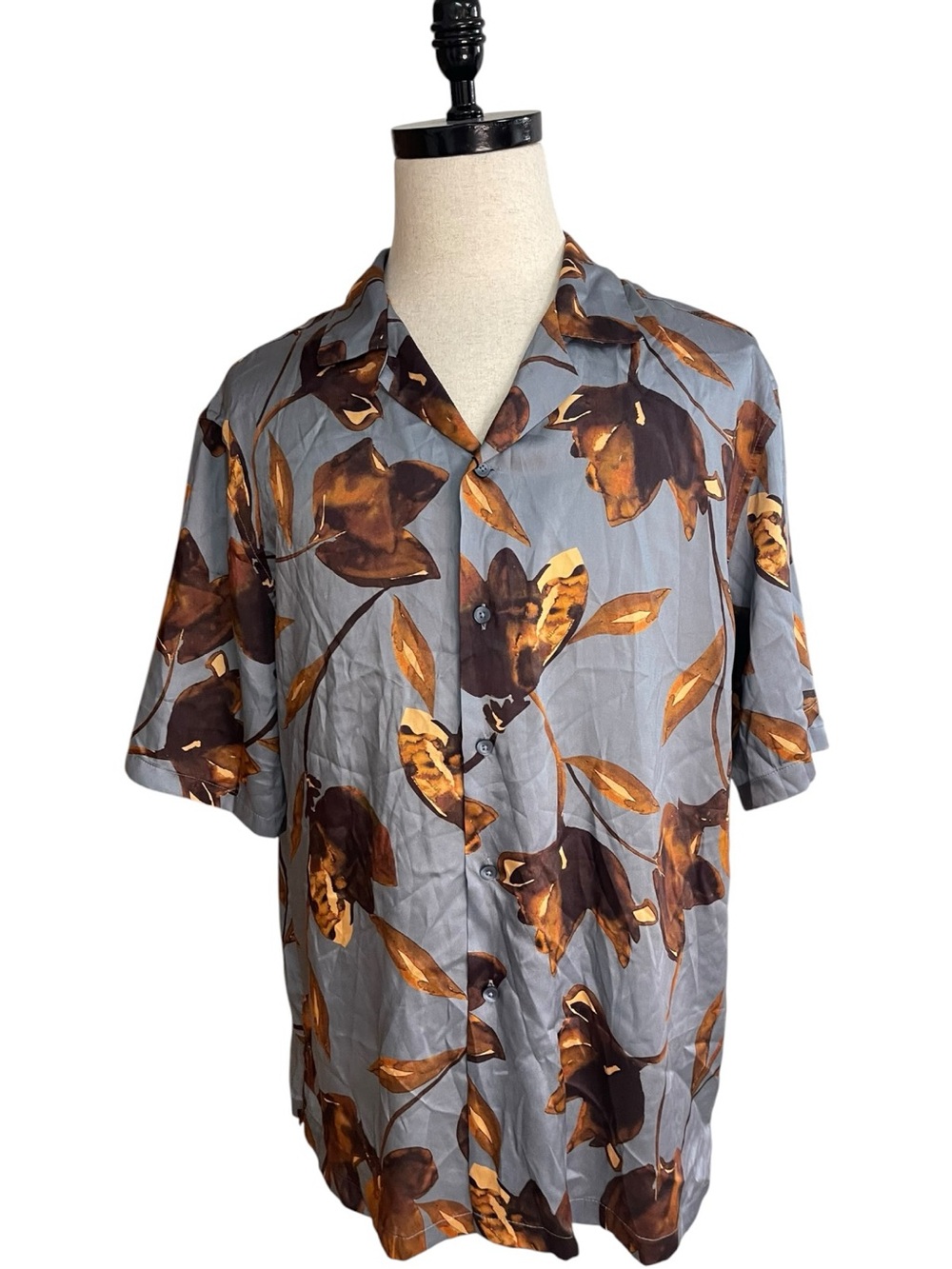 Zara Man Leaf Print Satin Shirt Gray Blue